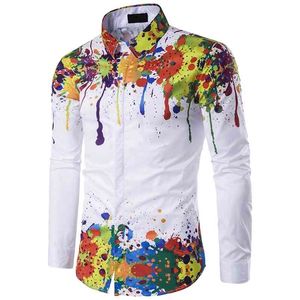 Hochwertige Mode 3D Splash Paint Print Slim Fit Shirts Herren Luxus Langarm Casual Dress Shirts Top M-3XL 210714