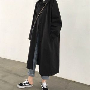 Kobiety Rów Solidny czarny guzik retro o rozmiarach w rozmiarze Retro Single Beder Lose długość płaszcza Streetwear Student 211021