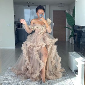 Off the Shoulder New Tulle Robe Women Dress Ruffled Long Sleeves Chic Kimono Robes African Photo Shoot Gown Dresses Plus Size Q0707
