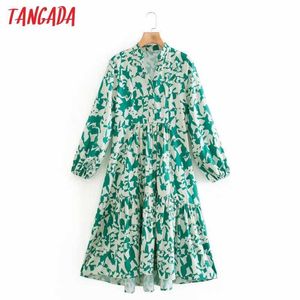 Tangada Moda Kobiety Zielony Kwiatowy Drukuj Midi Sukienka Długi Rękaw Panie Luźna Sukienka Koszula XN195 210609
