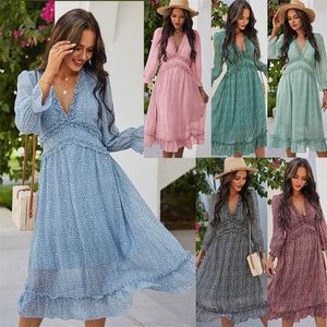 Frauen Chiffon Langes Kleid Blumendruck Laterne Ärmel A-Linie Maxi Vestidos Herbst Neue Elegante Vintage V-ausschnitt Winter Kleider 030405 ottie