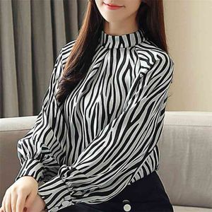 Mode Frau Blusen Schwarz Weiß Gestreifte Chiffon Bluse Langarm Stehkragen Frauen Tops Shirts Blusa Feminina C44 210602