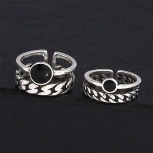 Cluster Rings Minimalist Kpop Chain Stripe With Black CZ Toe Ring Finger For Men Women Lover Couple Set