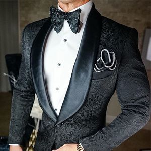 2022 Formal Smoking Black 2 peças Homens Slim Fit Jacquard Suits Shawl Lapel Noivo Tuxedo Prom Casamento Terno Para Vestido De Festa