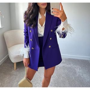 Xeasy Women Two-Piece Set Purple Vintage Office Lady Double Breasted Blazer Slim High Waist Folds Skirt Suit 220302