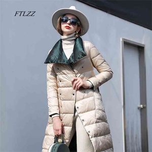 Ftlzzの女性の二重階地下げ長いジャケットの二重胸の雪の外に暖かいパーカースタンドの襟尖った90％ホワイトアヒルダウンコート210819