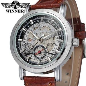 Vencedor marca mecânica relógios de pulso homens homens prata cor skeleton relógio com banda de couro marrom esportes relógio de pulso digital q0902