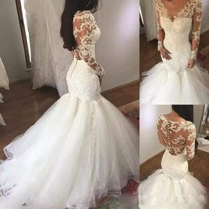 Mermaid Weddding vestidos lindos mangas compridas Apliques de renda Swee