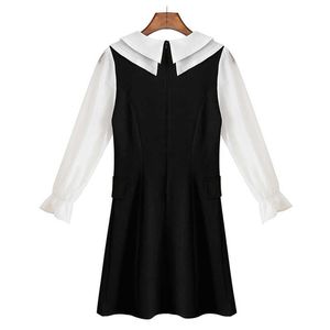 Być może U Black White Patchwork Peter Pan Collar z długim rękawem Rękawem Line Sukienka Elegancka Mini Dress Kobieta D2611 210529