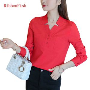 İlkbahar Yaz Stil Kadın Ofis İş Giyim OL Şifon Bluzlar Gömlek Lady Grils Uzun Kollu Dekor V Yaka Blusas DF1175 210609