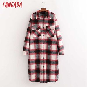 Tangada 여성 겨울 우아한 빨간색 격자 무늬 패턴 모직 코트 느슨한 주머니 여성 겉옷 세련된 오버 코트 1D26 210609