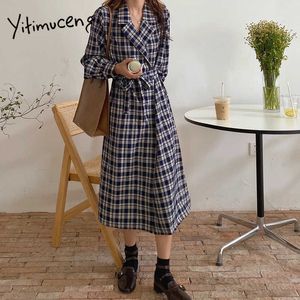 Yitimuceng Vintage Plaid Dresses for Women Korean Fashion Bandage Midi Dress Notched Blue Yellow Fall Sundress Spring 210601