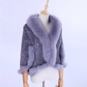 Luksusowy Nowy Prawdziwy Dzianiny Futro Mink Wrap Cape z Fox Fur Collar Triming Kobiety Lady Norek Futro Kurtka Partie Amice Q0827