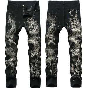 Wholesale comfortable skinny jeans resale online - men s Chinese trendy dragon black skinny jeans stretch comfortable fashion hip hop men s pants Streetwear print trousers