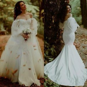 Wedding Mermaid Dresses Bridal Gown with Overskirt Long Poet Sleeves Off the Shoulder Lace Applique Sweep Train Custom Made Plus Size Vestidos De Novia