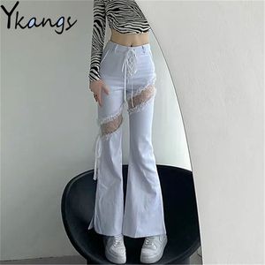 Y2k Lace Stitching Hollow Out Side Slit Bandage High Waist Flared Jeans Slim Gothic Punk Streetwear Denim Pants Harajuku Trouser 220310