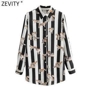 Zevity Women Vintage Tigerプリント縞模様のスモークブラウスレディース長袖カジュアルシャツシックなビジネスBlusas Tops LS7644 210603