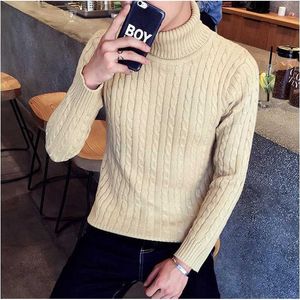 Browon Koreański Moda Mężczyźni Turtleneck Sweter Zima Nowy Solid Color Miękkie Ciepły Twisted Sweter Slim Fit Turtle Neck Męskie ubrania Y0907