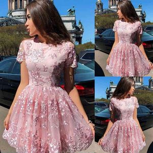Gorgeous Short Sleeves Prom Dresses Jewel Neck Above Knee Length Tulle Custom Made Lace Appliqued Plus Size Cocktail Party Gown vestidos