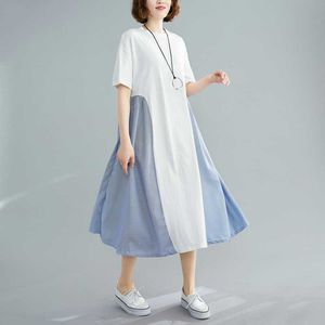 夏の綿カジュアルドレス韓国のステッチの縞模様の緩い半袖パッチワークAラインOネックブラックホワイト210529
