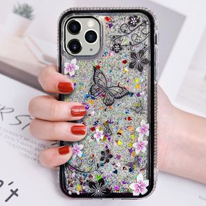 Luxury Bling Glitter Sparkle Custodie per telefoni Liquid Quicksand Floating Butterfly Flower Diamond per iPhone 12 11 Pro XR XS Max X 8 7 6 6S Plus SE2 TPU PC Cover antiurto