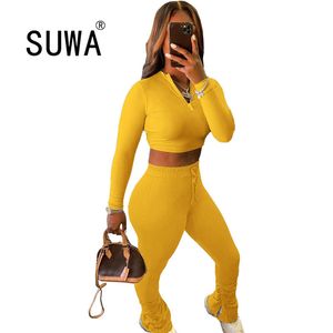 Matching Sets For Women Spring Clothes Full Sleeve Sexy Crop Top + High Waist Stacked Legging Pants 2 Piece Club Outfits 210525