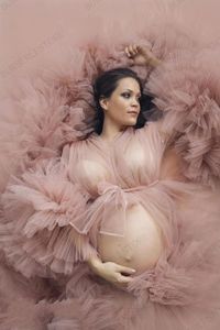 Румянские Платья Рукава оптовых-Повседневные платья довольно краснеть тюль беременная женщина к пошеотписи смотрит через длинные халаты оборками слоеные рукава Vestidos