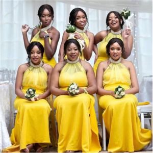 Sarı nedime elbiseler yular boncuklu yaka zemin uzunluğu Afrika ülke hizmetçi hizmetçi vestido özel yapılmış artı boyutu resmi ocn