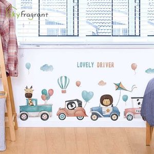 Cartoon Animals Driving Wall Stickers For Kids Room Bedroom Living Room Background Wall Decoration Home Decor Corner Sticker 211124