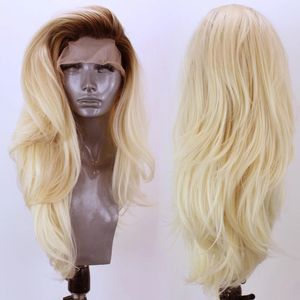 180% Gęstość Ciało Fala Ombre Blond Peruka Symulacja Ludzki Włos Koronki Przodu Peruki Syntetyczne Z Ciemnymi U nasady Dla Kobiet