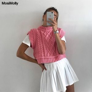 MosiMolly hübsche rosa Pullover-Weste für Damen, Zopfmuster, ärmellos, Strickpullover, Pullover, abgeschnittener Pullover, Tank 210810