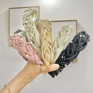 Moda damska opaski głowy Nakrycia głowy Świeże kraty tkaniny Twist Braid Pearls Hairband Casual Pałąk Dorosłych Akcesoria do włosów