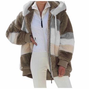 冬のフェイクの毛皮の女性のコートフード付き長袖カーディガンジッパーポケット緩いパッチワーク縞模様のファッションカジュアルコートy0829