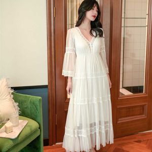 Frühling Herbst Modal Damen Nachthemden Vintage Prinzessin Gaze Lange Nachtwäsche Mädchen Tiered Nachtkleid Home Wear 210924