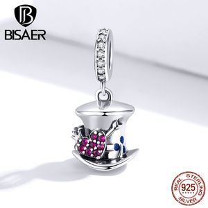 BISAER 925 Sterling Silver Magical Hat Pendant Beads Heart Pave Charms for Bracelet Making Original 925 Jewelry ECC1441 Q0531