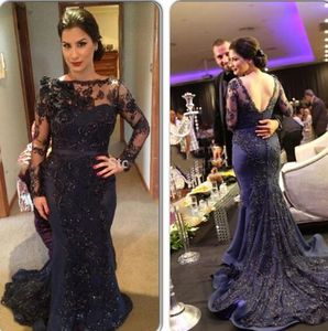 Abiti da sera vintage a sirena in pizzo 2023 Blu navy e nero Sheer maniche lunghe Backless Abiti da cerimonia formali arabi Abito da ballo alla moda Abiti da fidanzamento