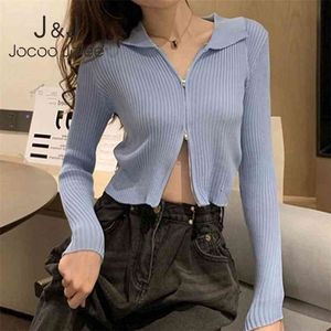 JOCOO Jolee Moda Czarny żebrowany Zip-up Cardigans Casual Turn-Down Collar Z Długim Rękawem Jesień Sweter Sexy Przycięte Topy Dzianie 210806