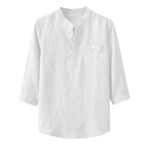 Men's T-Shirts Shirt Men Classic Baggy Cotton Linen Solid Three Quarter Sleeve Pocket Stand Collar Shirts Chemise Blouse