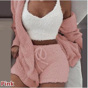 Men's Sleepwear Winter Home Wear Casual 3 Pieces Women Plush Warm Pajamas Long Sleeve Vest Crop Tops Short Pants And Coat Pijamas Suit