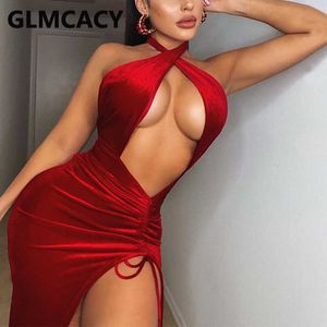 Women Off Shoulder Halter Velvet Bodycon Dress Drawstring Detail High Slit Midi Party Club Dresses 210702