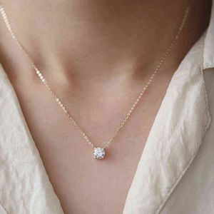 925 Sterling Silver French Simple Crystal Pendant Clavicle Chain Necklace Women Light Luxury Party Plating 14k Gold Jewelry Y220223