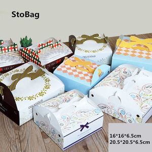 Stobag 10pcsポータブルのおいしいドーナツボックス赤ちゃんショーパーティーの結婚式のベーキングムースケーキの飾り飾り紙箱210602