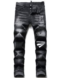 Jeans neri elasticizzati strappati da uomo Pantaloni in denim con stampa a getto d'inchiostro slim fit alla moda Pantaloni hip-hop Pantalones De Hombre