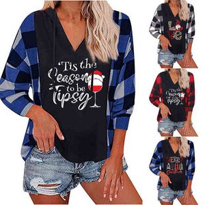 2021 Autumn Women Christmas Plaid Printed Hoodies Street Style Harajuku Ladies Hooded Sweatshirt Loose Casual Long Sleeved Tops Y1118