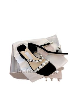Kvinnor Sandal Slipper Shoes äkta läder med pärlor Kvinnor Sandal Pearl Strap Slippers Block Heeled Mule Square Toe Storlek 35-42