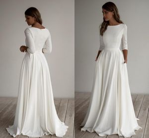 Crepe Modest Bröllopsklänningar Långärmade Pockest Sweep Train Enkel Elegant Informellt Boho Country Bridal Gowns Ärm