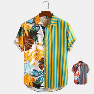 Tröjor Män Växtblad Striped Patchwork Casual Holiday Curved Hem Hawaiian Shirt Mode Kläder 210527