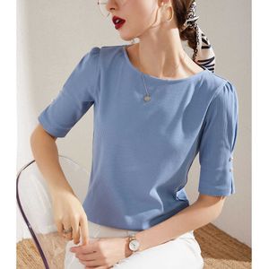 Beading T Shirt Women Puff Sleeve T-Womens Summer Solid Dam Toppar Koreansk stil Kläder Bomull Tee Femme 210615