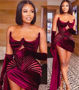 Plus Size Arabic Aso Ebi Stylish Burgundy Sexy Prom Dresses Sweetheart Short Velvet Evening Formal Party Second Reception Gowns Dress ZJ254