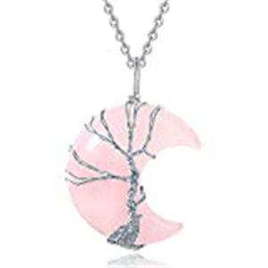 Collane di cristallo curativo per le donne Collana con pendente al quarzo a mezzaluna Cristallo Gemma naturale Albero della vita Avvolgimento completo di filo Stregoneria spirituale Reiki